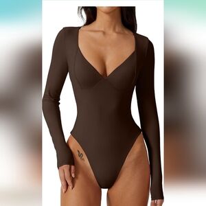 Women's Long Sleeve Bodysuit V Neck Body Suits Seamed Cup